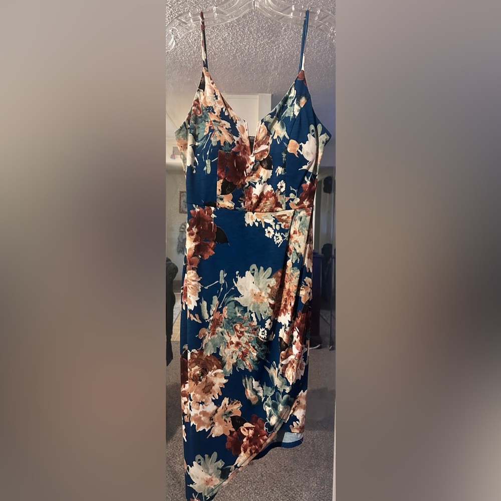elleCLO Notched Neckline Teal & Floral Printed Faux Wrap Dress